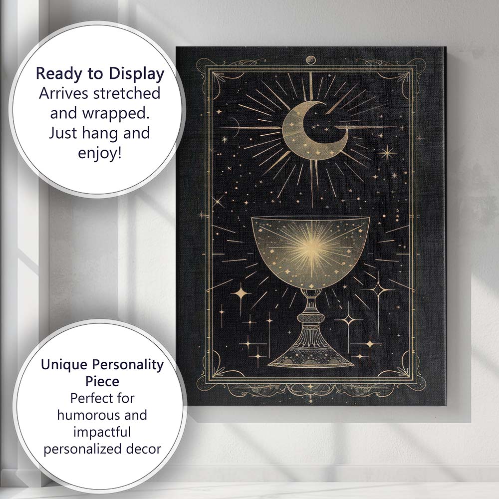 Mystical Crescent Moon Celestial Chalice Gold Line Art Canvas Wall Art Print Decor Picture Ready to Hang