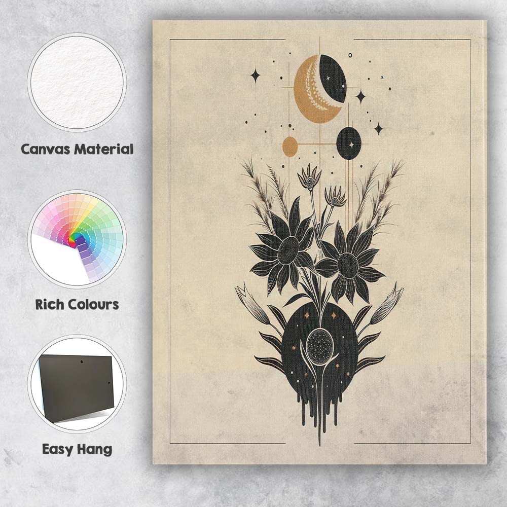 Celestial Sunflower Moon Phase Botanical Line Art Canvas Wall Art Print Decor Picture Ready to Hang