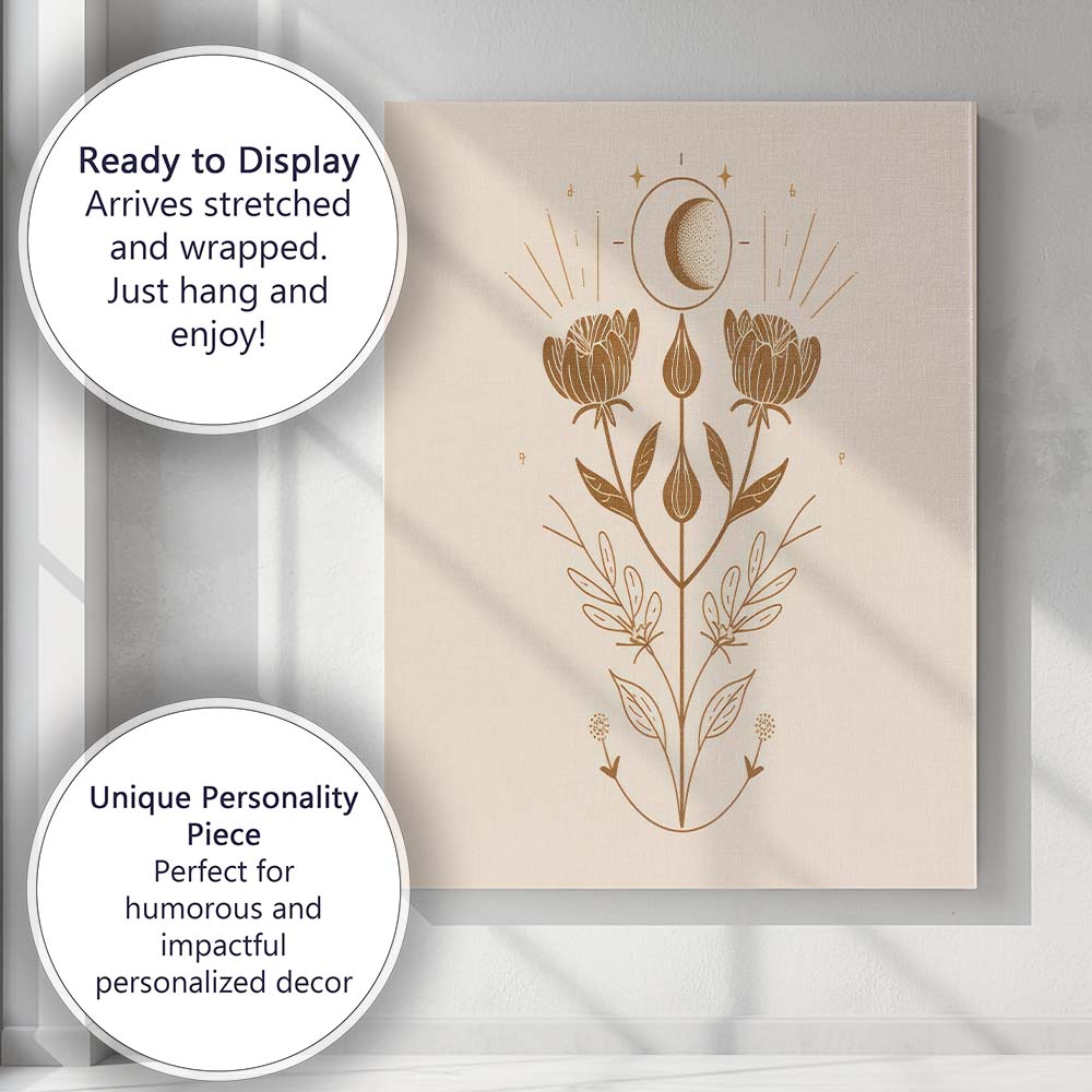 Minimal Botanical Moon Phase Wildflower Line Art Canvas Wall Art Print Decor Picture Ready to Hang