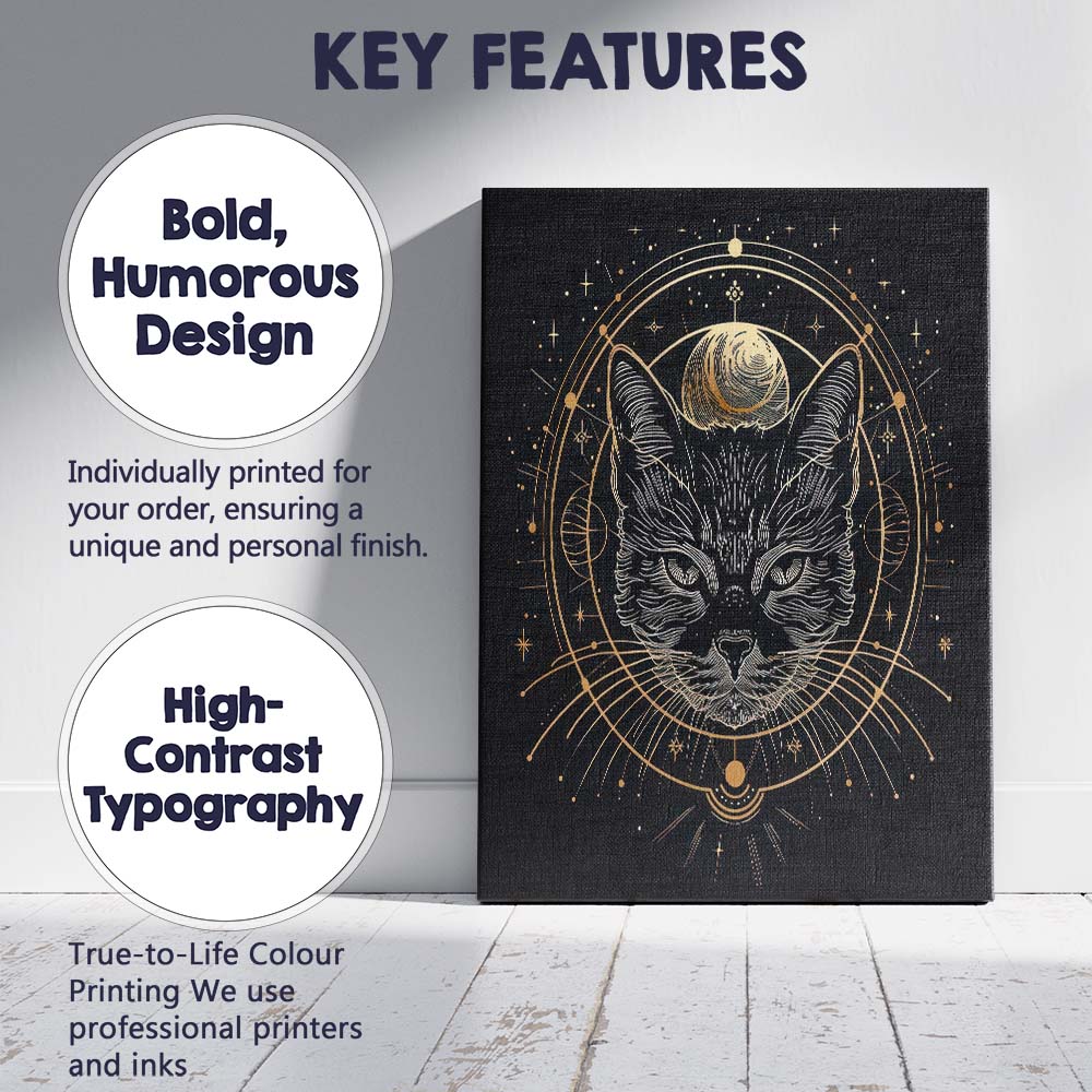 Mystical Black Cat Moon Phase Gold Line Art Canvas Wall Art Print Decor Picture Ready to Hang
