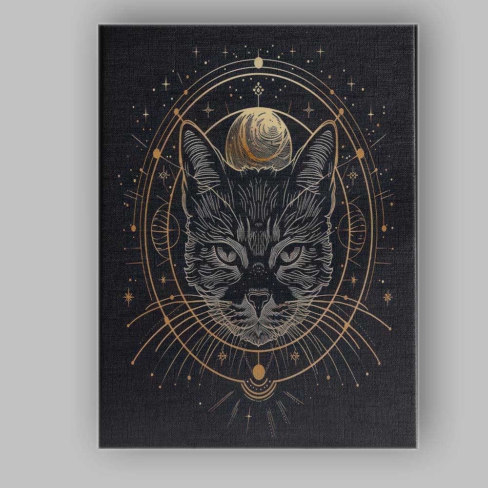 Mystical Black Cat Moon Phase Gold Line Art Canvas Wall Art Print Decor Picture Ready to Hang