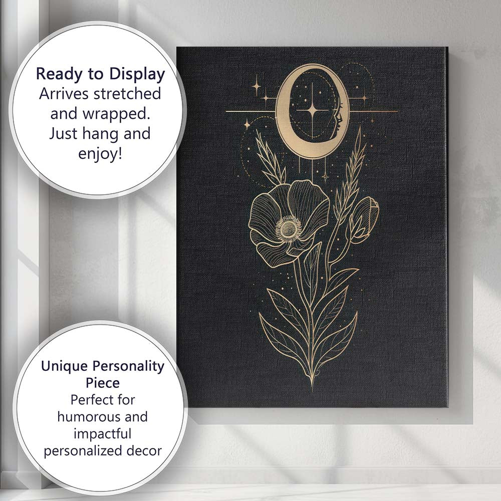 Celestial Poppy Flower Moon Phase Botanical Line Art Canvas Wall Art Print Decor Picture Ready to Hang