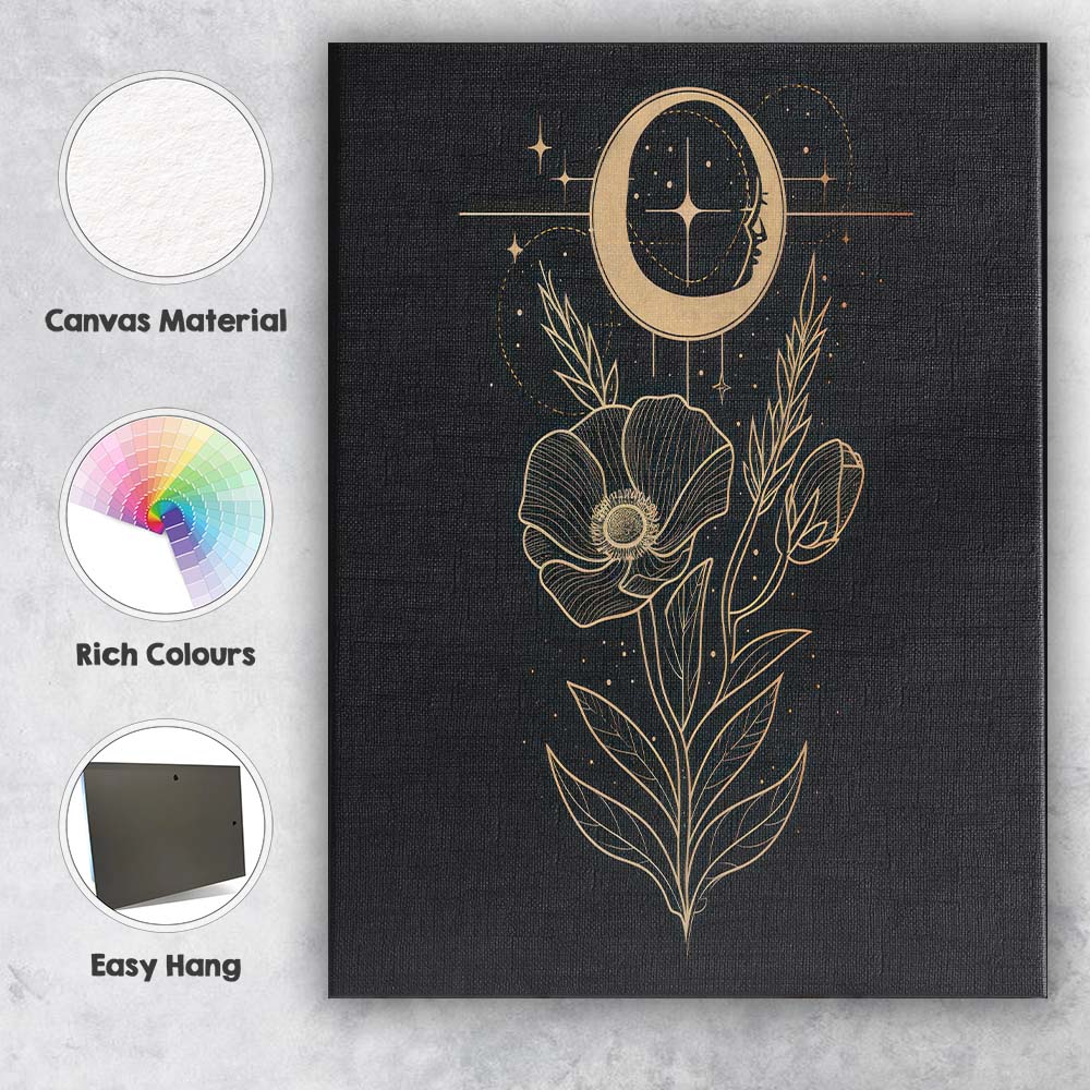 Celestial Poppy Flower Moon Phase Botanical Line Art Canvas Wall Art Print Decor Picture Ready to Hang