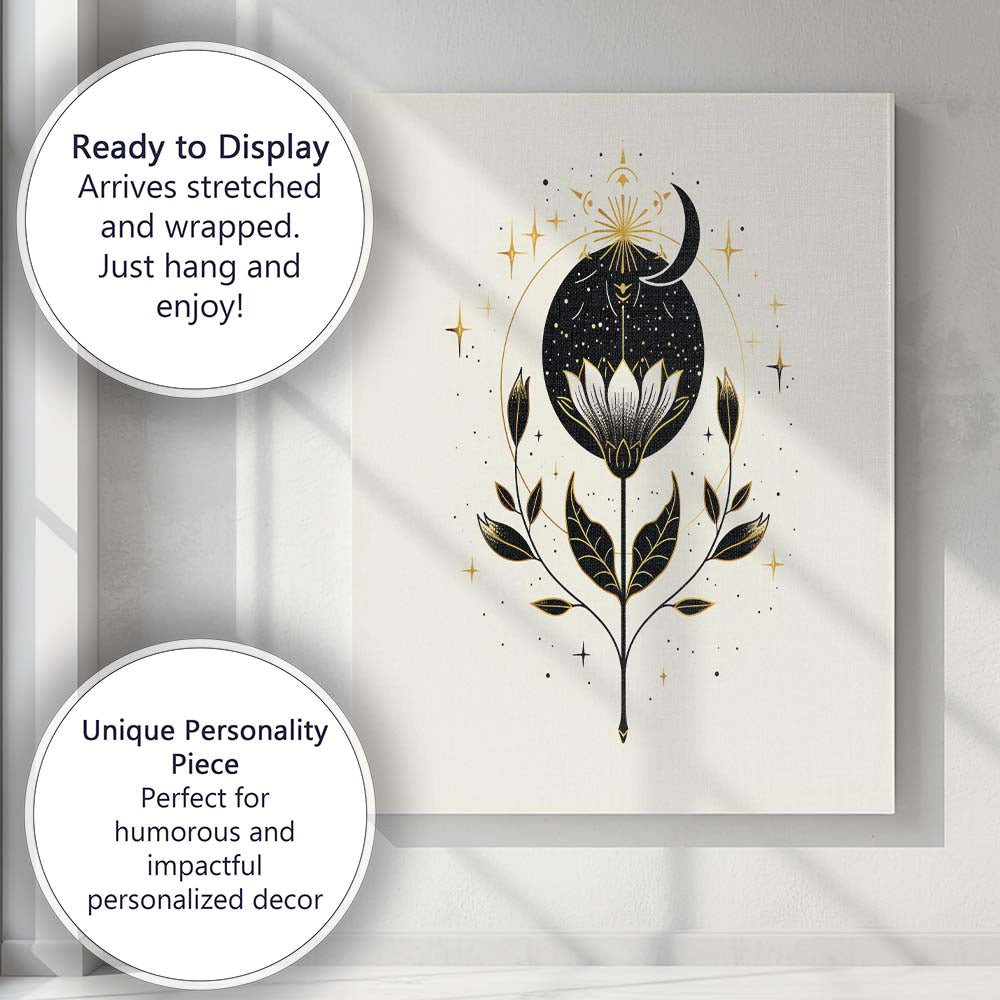 Mystical Lotus Crescent Moon Celestial Botanical Illustration Canvas Wall Art Print Decor Picture Ready to Hang