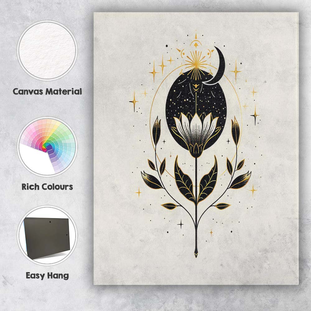 Mystical Lotus Crescent Moon Celestial Botanical Illustration Canvas Wall Art Print Decor Picture Ready to Hang