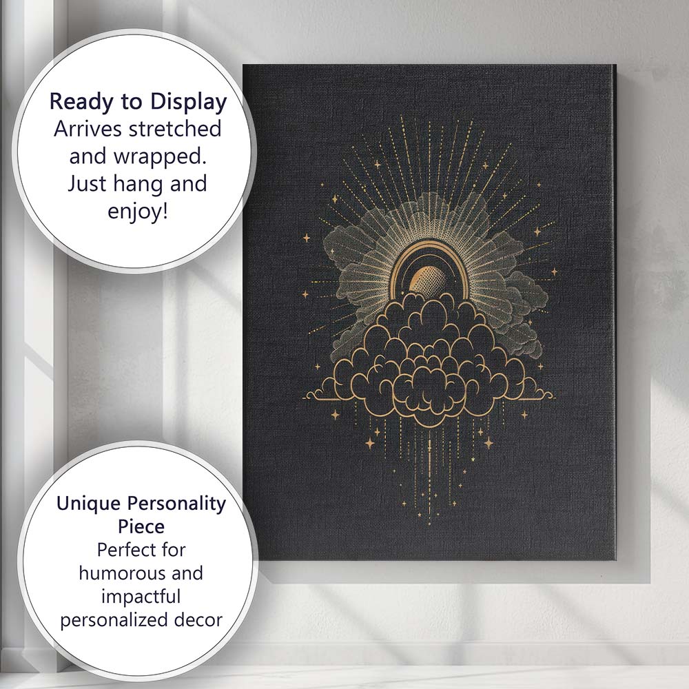 Celestial Moon Behind Clouds Gold Line Art Canvas Wall Art Print Decor Picture Ready to Hang