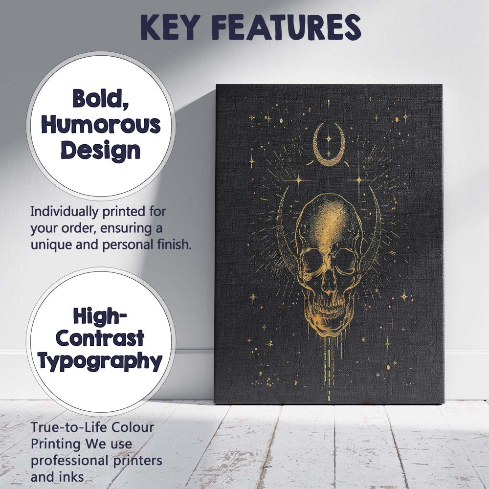 Mystical Crescent Moon Skull Celestial Gothic Gold Line Art Canvas Wall Art Print Decor Picture Ready to Hang