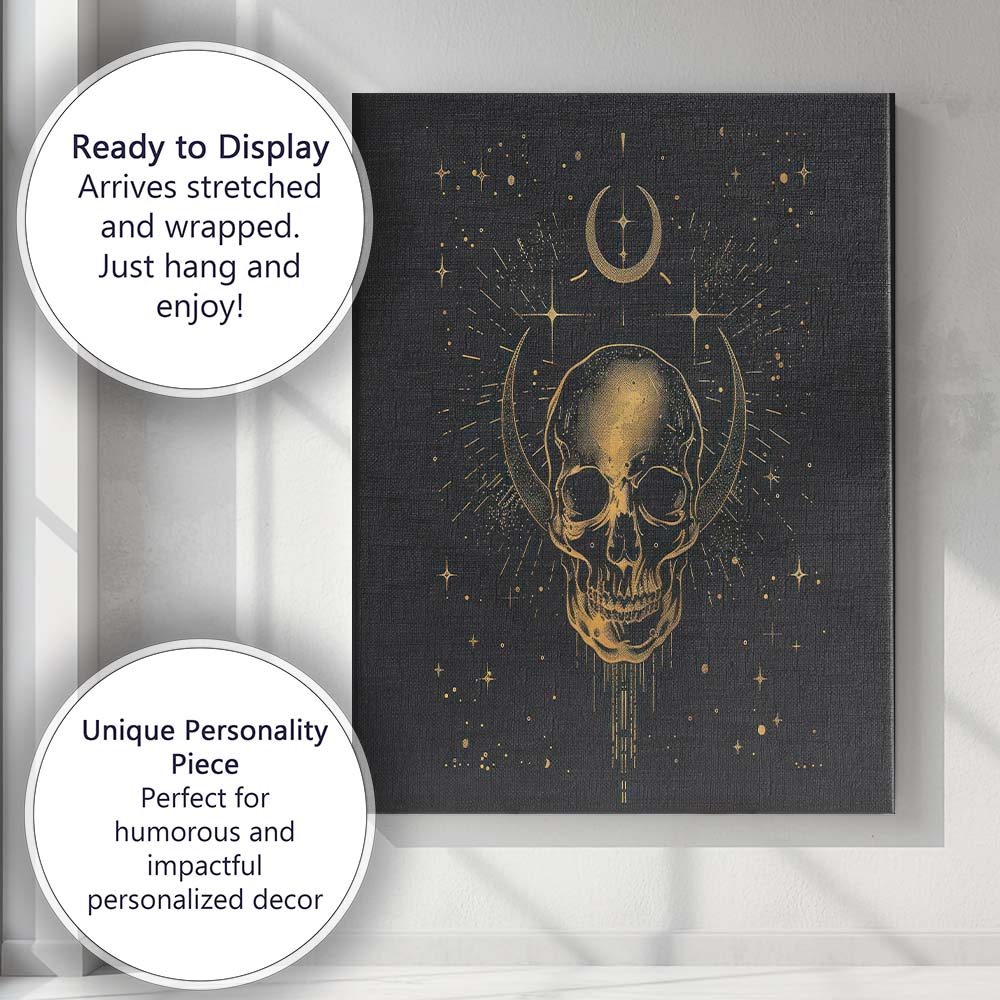 Mystical Crescent Moon Skull Celestial Gothic Gold Line Art Canvas Wall Art Print Decor Picture Ready to Hang