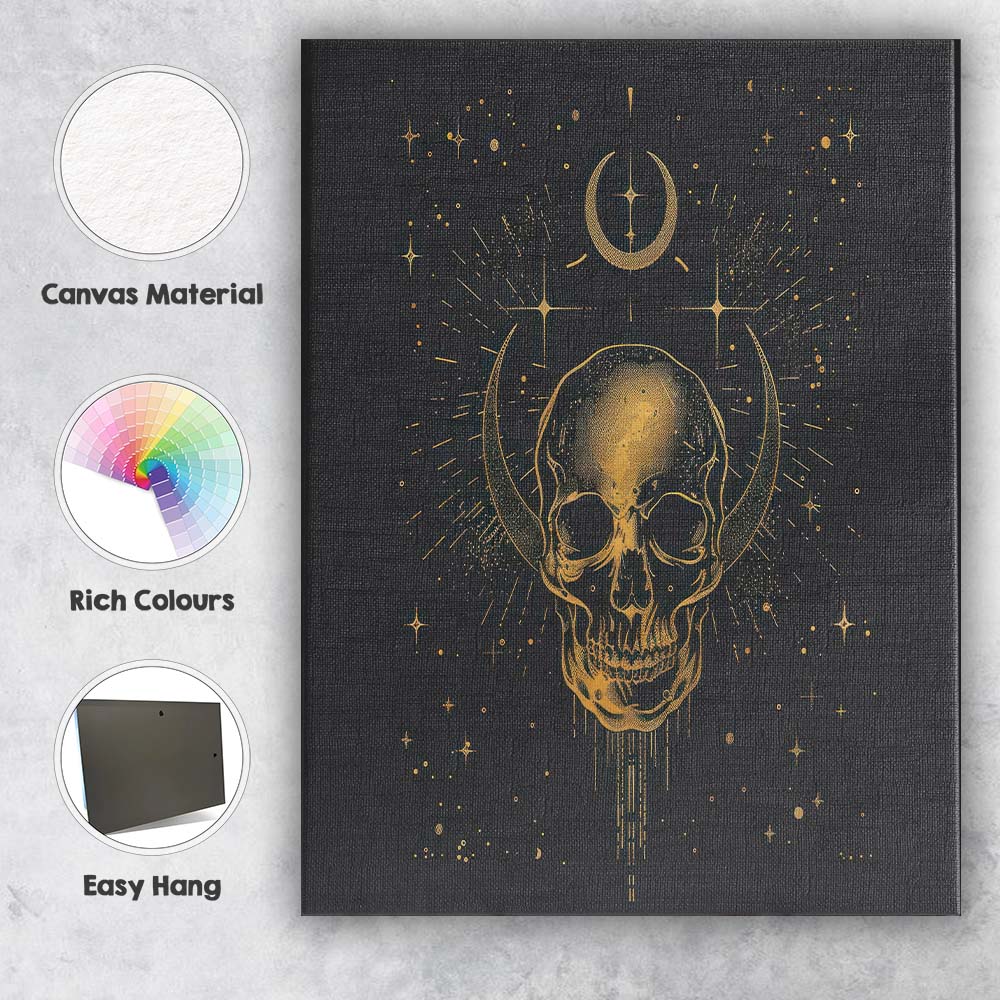 Mystical Crescent Moon Skull Celestial Gothic Gold Line Art Canvas Wall Art Print Decor Picture Ready to Hang