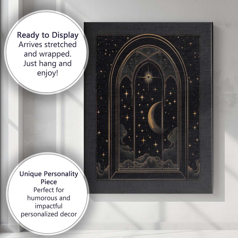 Mystical Gothic Moonlit Window Celestial Night Gold Line Art Canvas Wall Art Print Decor Picture Ready to Hang