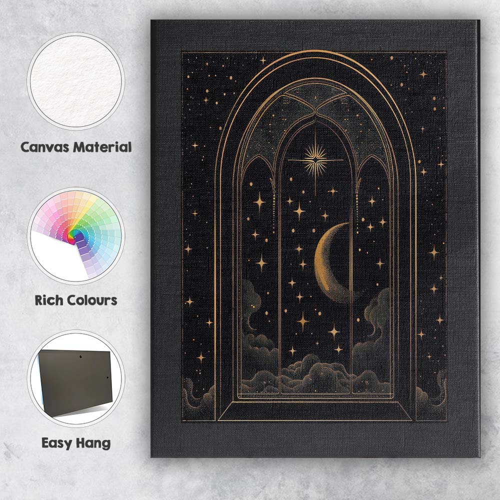 Mystical Gothic Moonlit Window Celestial Night Gold Line Art Canvas Wall Art Print Decor Picture Ready to Hang