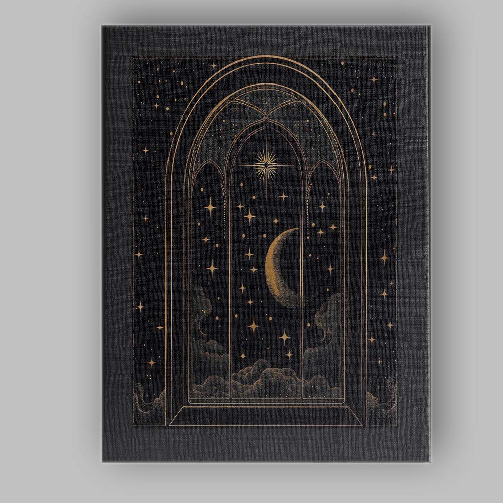 Mystical Gothic Moonlit Window Celestial Night Gold Line Art Canvas Wall Art Print Decor Picture Ready to Hang