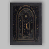Mystical Gothic Moonlit Window Celestial Night Gold Line Art Canvas Wall Art Print Decor Picture Ready to Hang
