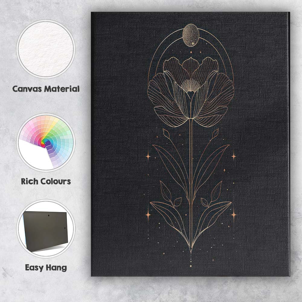 Minimalist Botanical Flower Moon Phase Gold Line Art Canvas Wall Art Print Decor Picture Ready to Hang