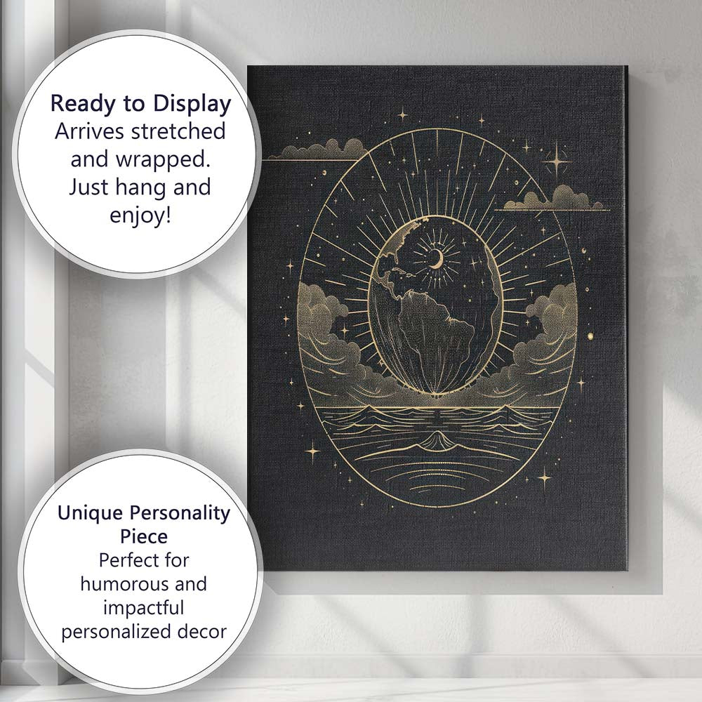 Celestial Earth Moon Ocean Landscape Gold Line Art Canvas Wall Art Print Decor Picture Ready to Hang