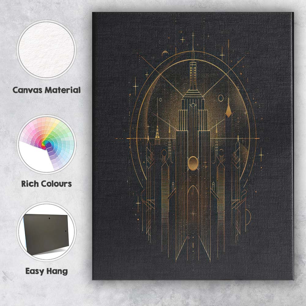 Art Deco City Skyline Celestial Gold Line Art Canvas Wall Art Print Decor Picture Ready to Hang