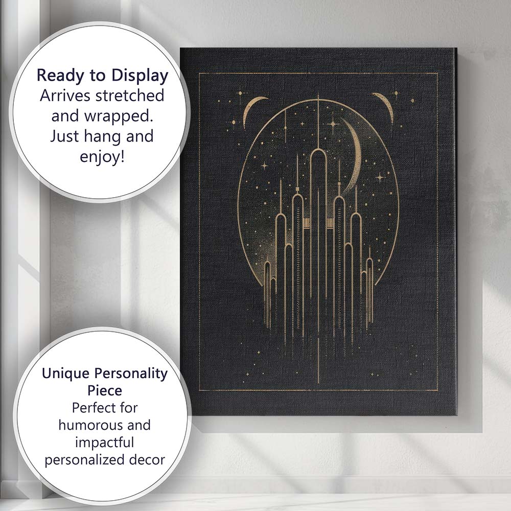 Art Deco Celestial City Skyline Gold Line Art Canvas Wall Art Print Decor Picture Ready to Hang
