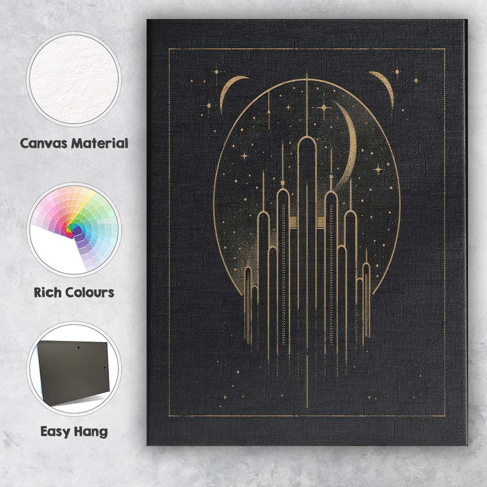Art Deco Celestial City Skyline Gold Line Art Canvas Wall Art Print Decor Picture Ready to Hang