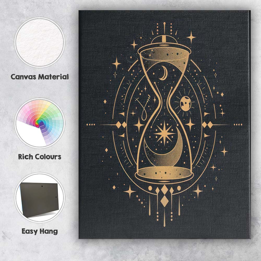 Mystical Cosmic Hourglass Moon And Stars Gold Line Art Canvas Wall Art Print Decor Picture Ready to Hang