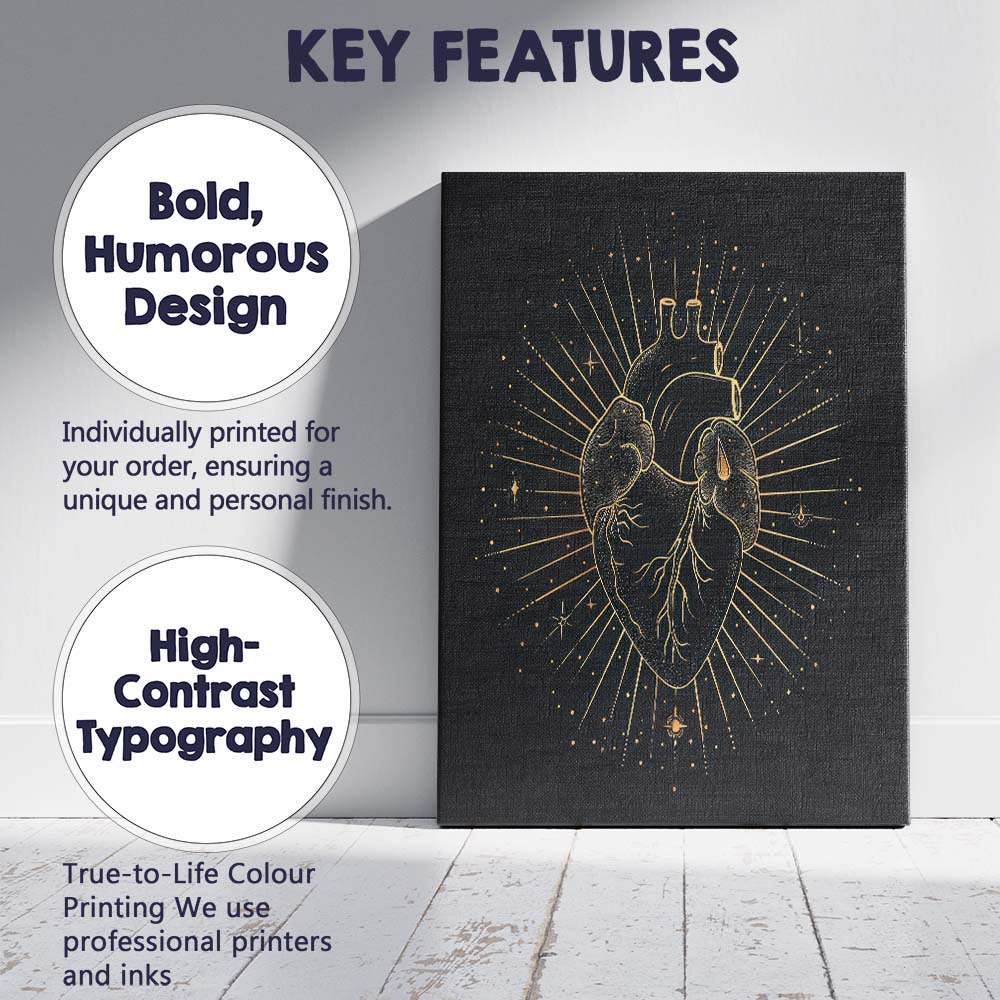 Anatomical Human Heart Celestial Gold Line Art Canvas Wall Art Print Decor Picture Ready to Hang