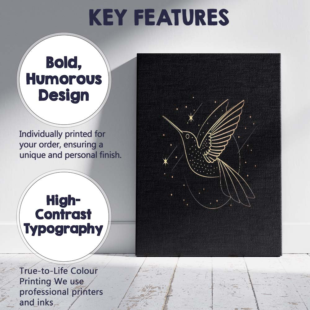 Celestial Hummingbird Gold Line Art Illustration Canvas Wall Art Print Decor Picture Ready to Hang