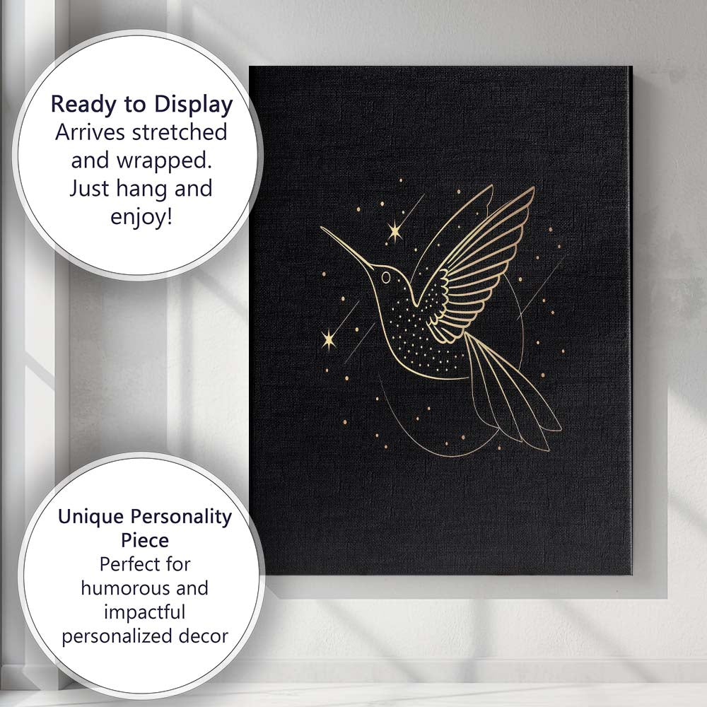 Celestial Hummingbird Gold Line Art Illustration Canvas Wall Art Print Decor Picture Ready to Hang