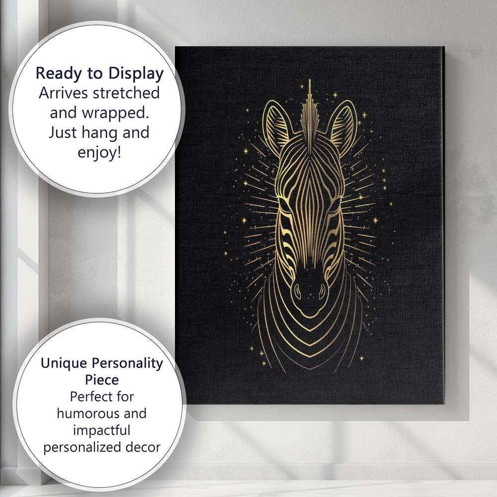 Geometric Zebra Portrait Gold Line Art Canvas Wall Art Print Decor Picture Ready to Hang