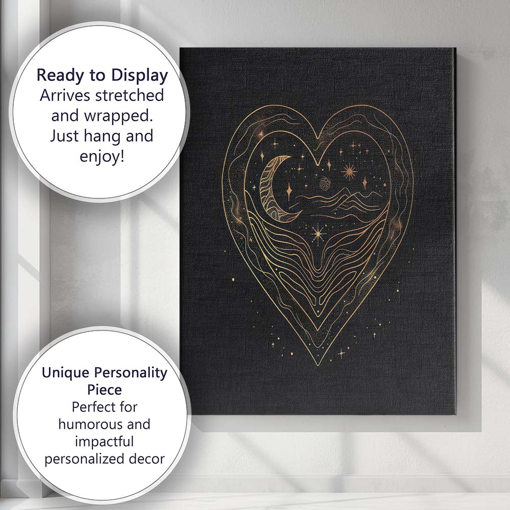 Celestial Heart Moon Landscape Gold Line Art Canvas Wall Art Print Decor Picture Ready to Hang