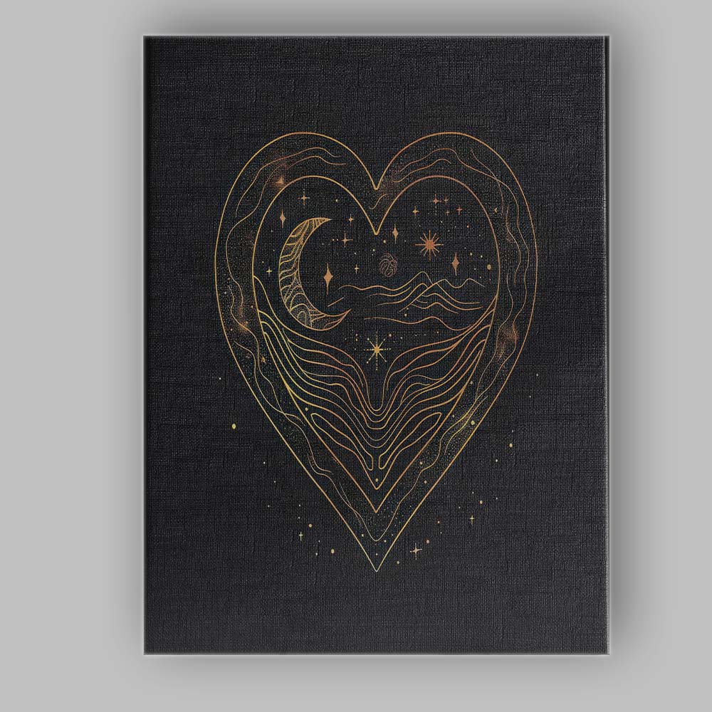 Celestial Heart Moon Landscape Gold Line Art Canvas Wall Art Print Decor Picture Ready to Hang