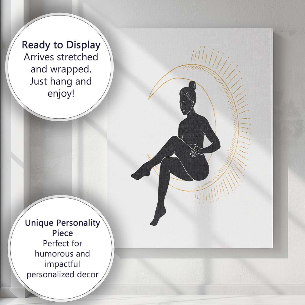 Mystical Woman Sitting On Crescent Moon Silhouette Canvas Wall Art Print Decor Picture Ready to Hang