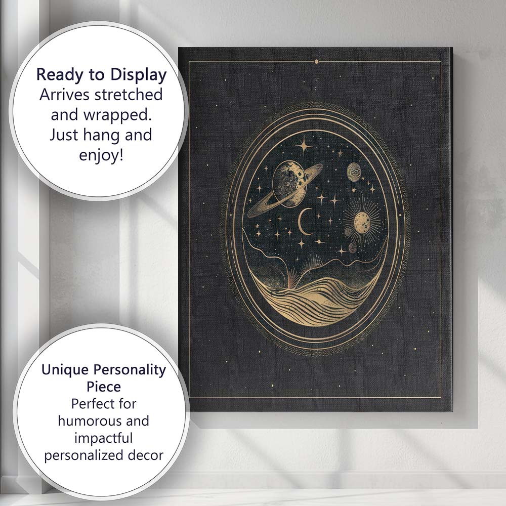Celestial Planet Moon Cosmic Landscape Gold Line Art Canvas Wall Art Print Decor Picture Ready to Hang