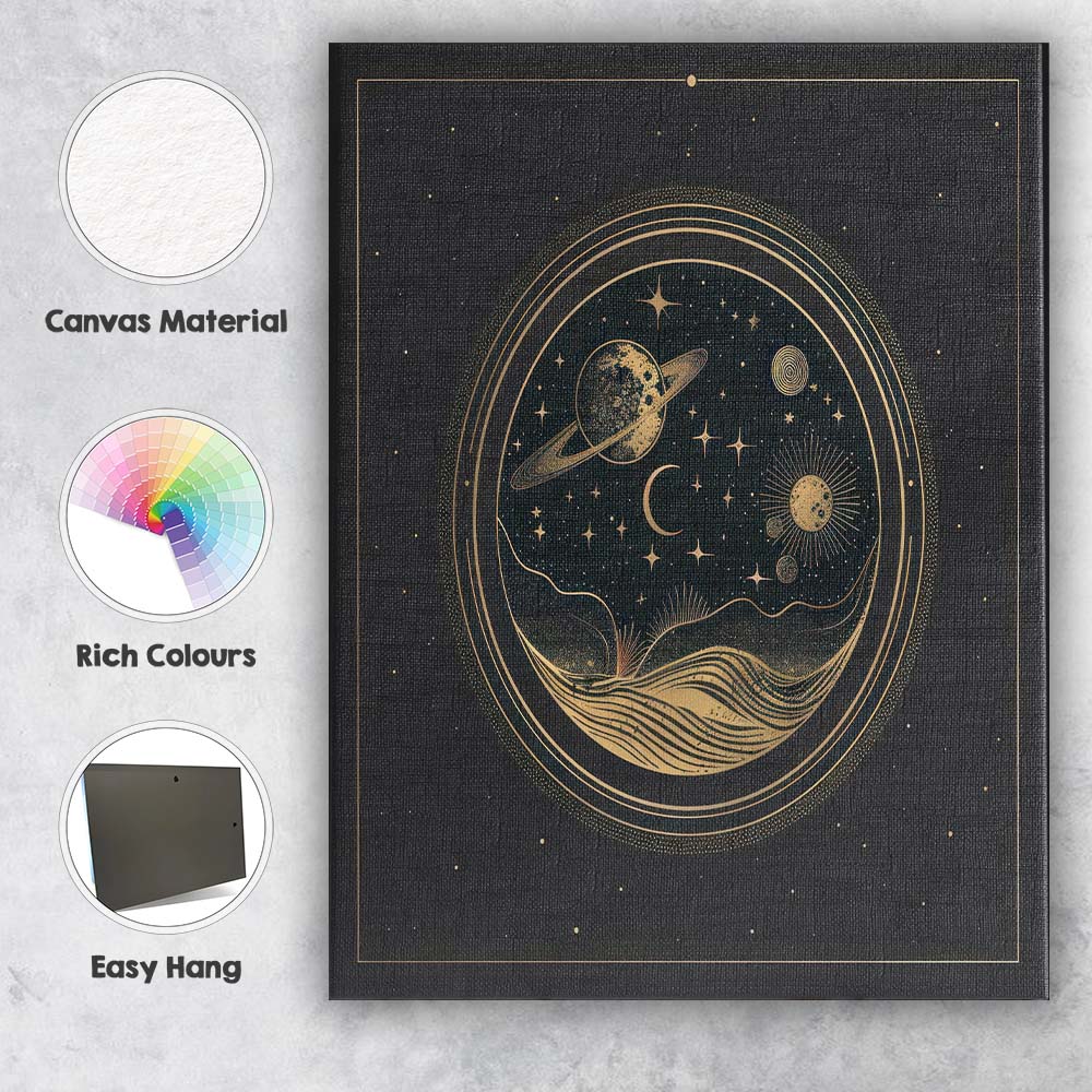 Celestial Planet Moon Cosmic Landscape Gold Line Art Canvas Wall Art Print Decor Picture Ready to Hang