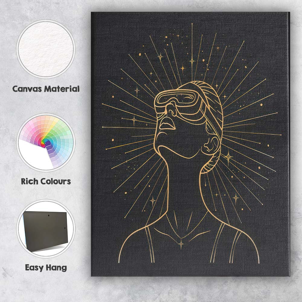 Abstract Woman Wearing Goggles Gold Line Art Portrait Canvas Wall Art Print Decor Picture Ready to Hang