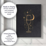 Celestial Wine Glass Crescent Moon Gold Line Art Canvas Wall Art Print Decor Picture Ready to Hang