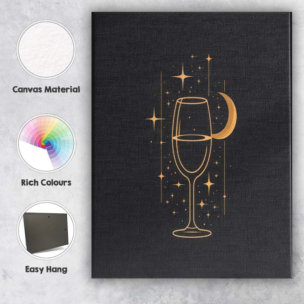 Celestial Wine Glass Crescent Moon Gold Line Art Canvas Wall Art Print Decor Picture Ready to Hang