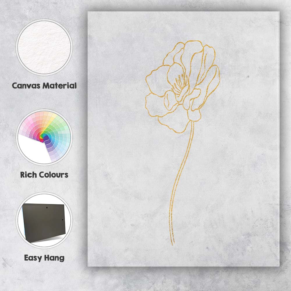 Minimal Gold Poppy Botanical Line Art Canvas Wall Art Print Decor Picture Ready to Hang