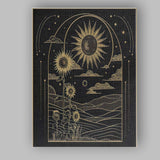 Celestial Sunflower Landscape Gold Line Art Canvas Wall Art Print Decor Picture Ready to Hang