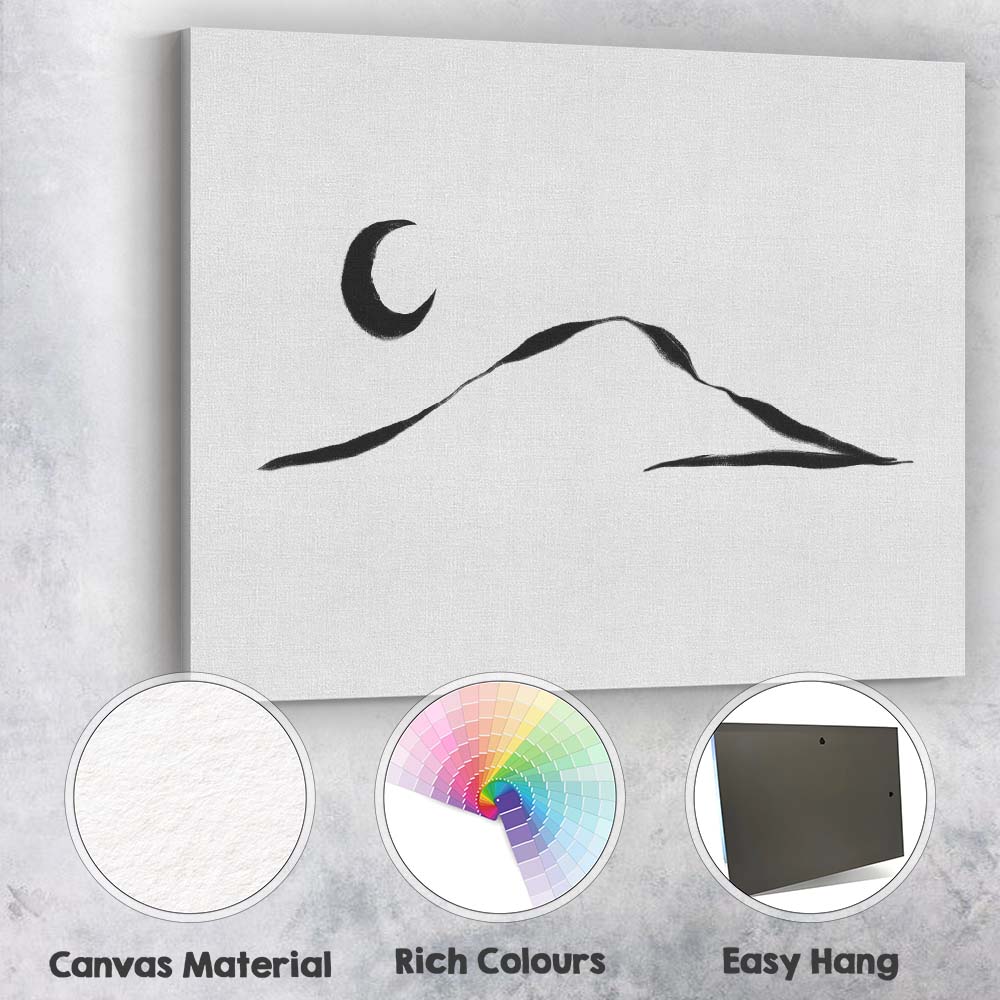 Minimalist Crescent Moon Mountain Landscape Line Art Canvas Wall Art Print Decor Picture Ready to Hang