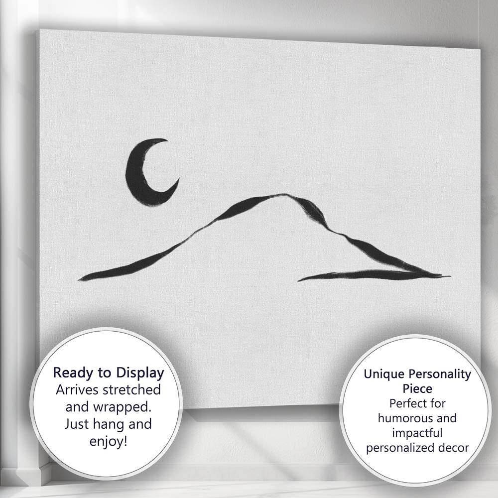 Minimalist Crescent Moon Mountain Landscape Line Art Canvas Wall Art Print Decor Picture Ready to Hang