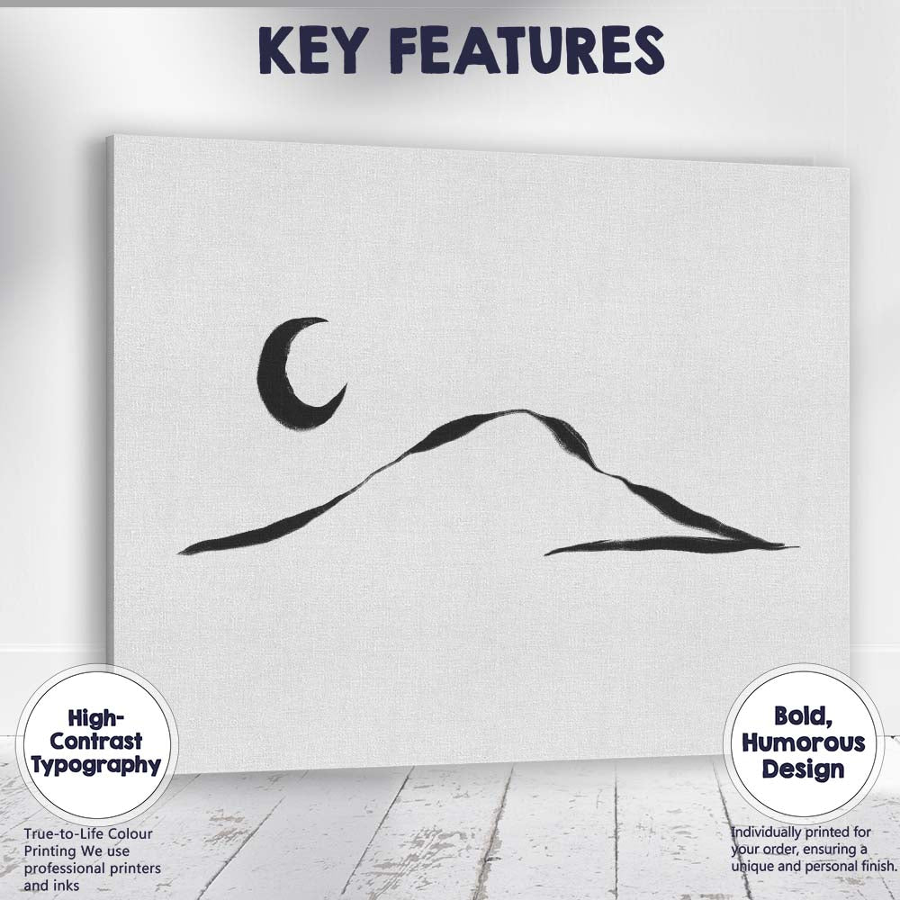 Minimalist Crescent Moon Mountain Landscape Line Art Canvas Wall Art Print Decor Picture Ready to Hang