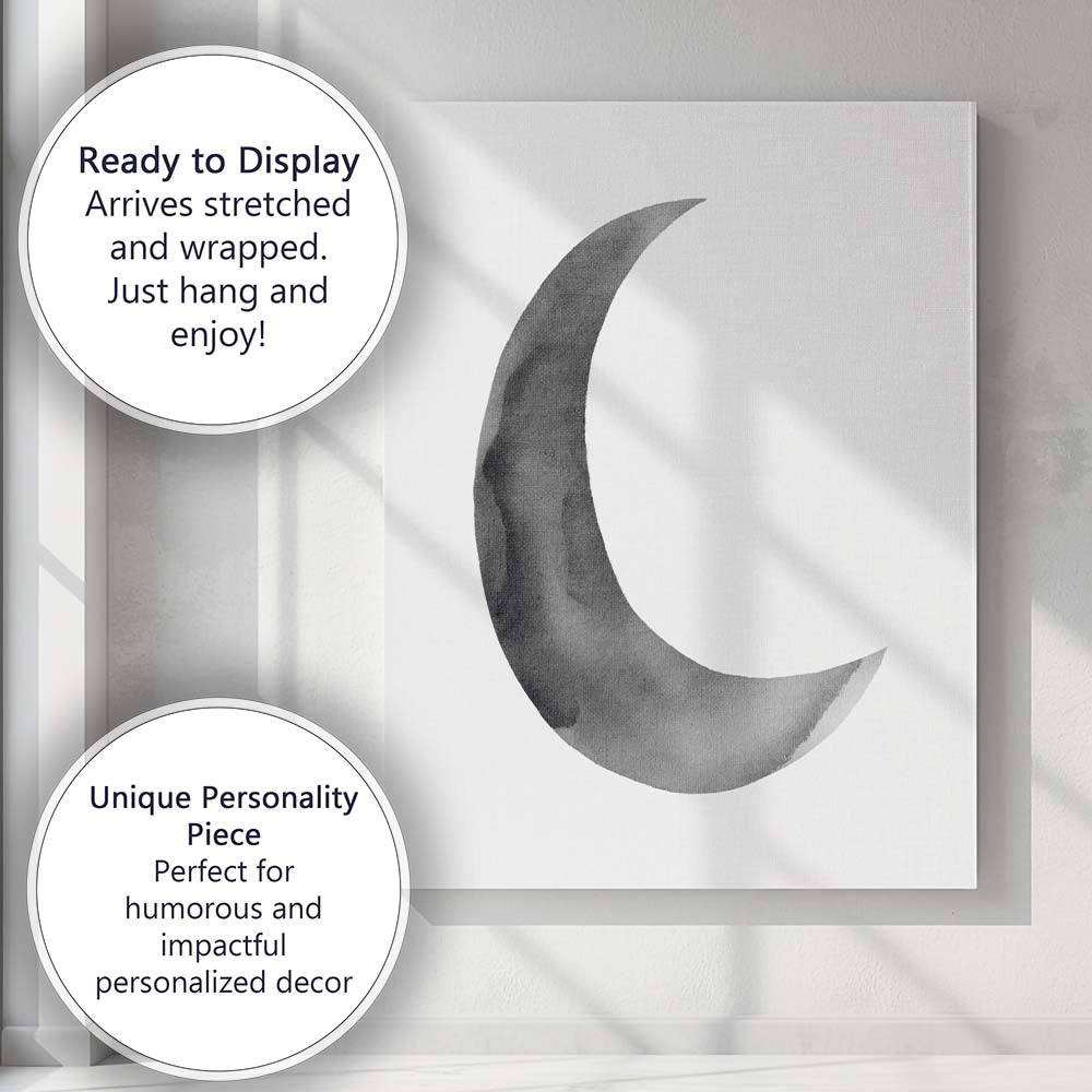 Minimalist Grey Watercolour Crescent Moon Illustration Canvas Wall Art Print Decor Picture Ready to Hang