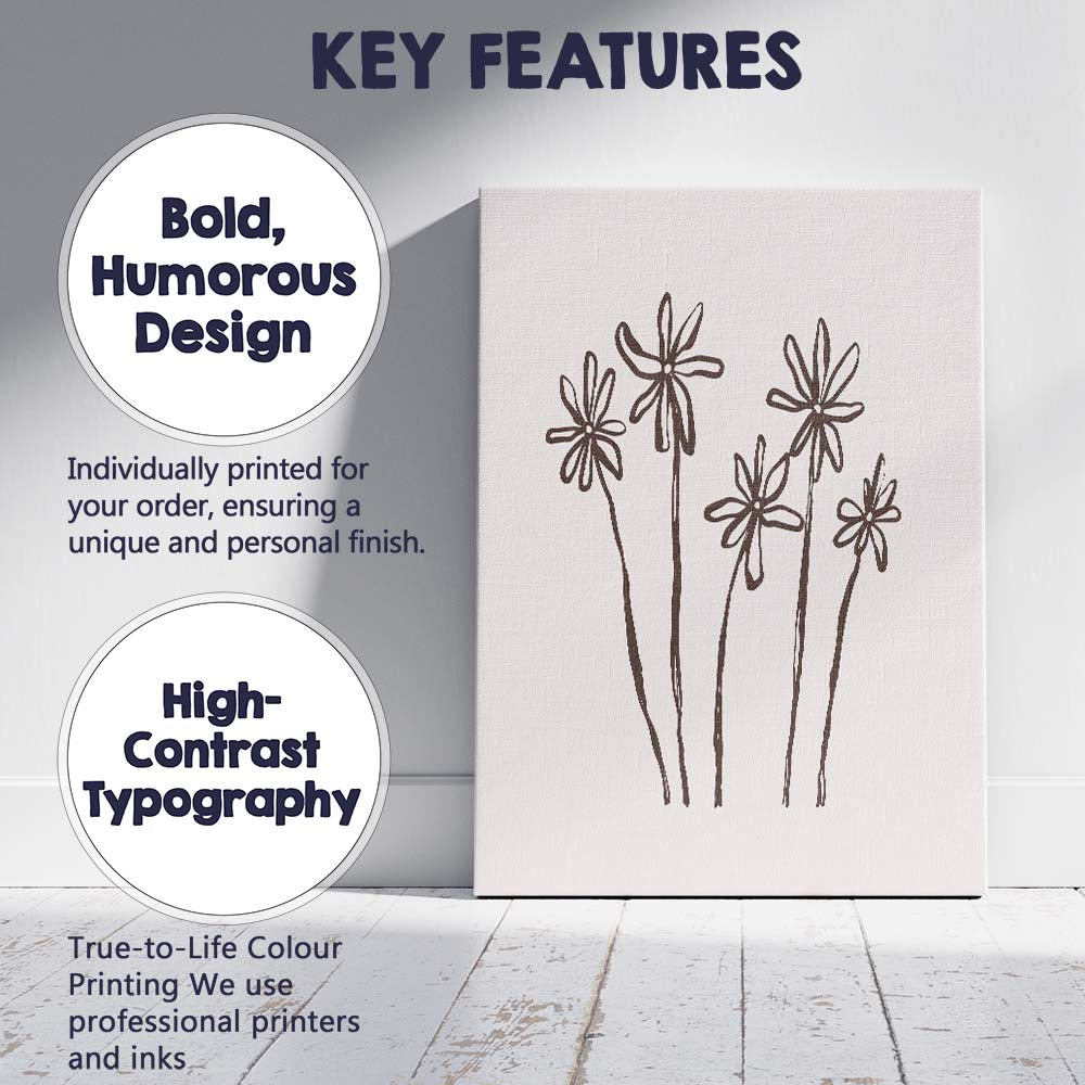 Minimalist Wild Daisy Floral Line Drawing Canvas Wall Art Print Decor Picture Ready to Hang