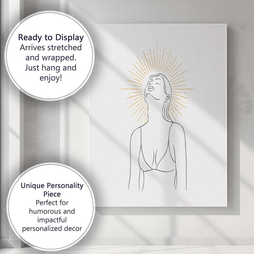 Minimalist Female Portrait Golden Sunburst Line Art Canvas Wall Art Print Decor Picture Ready to Hang