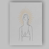 Minimalist Female Portrait Golden Sunburst Line Art Canvas Wall Art Print Decor Picture Ready to Hang