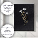 Elegant White Floral Stem Gold Line Art Black Background Canvas Wall Art Print Decor Picture Ready to Hang