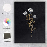 Elegant White Floral Stem Gold Line Art Black Background Canvas Wall Art Print Decor Picture Ready to Hang