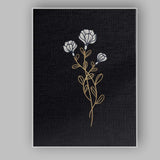Elegant White Floral Stem Gold Line Art Black Background Canvas Wall Art Print Decor Picture Ready to Hang
