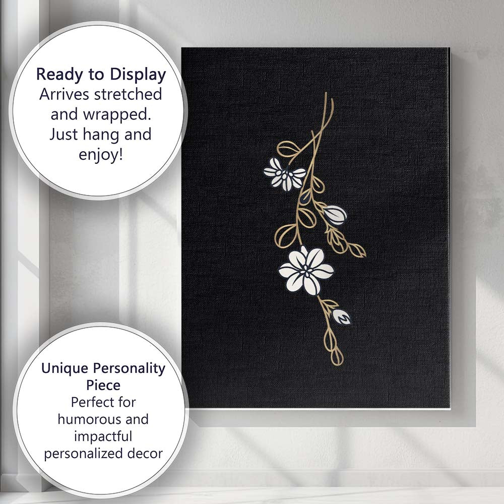 Elegant White Wildflower Gold Line Art Black Background Canvas Wall Art Print Decor Picture Ready to Hang