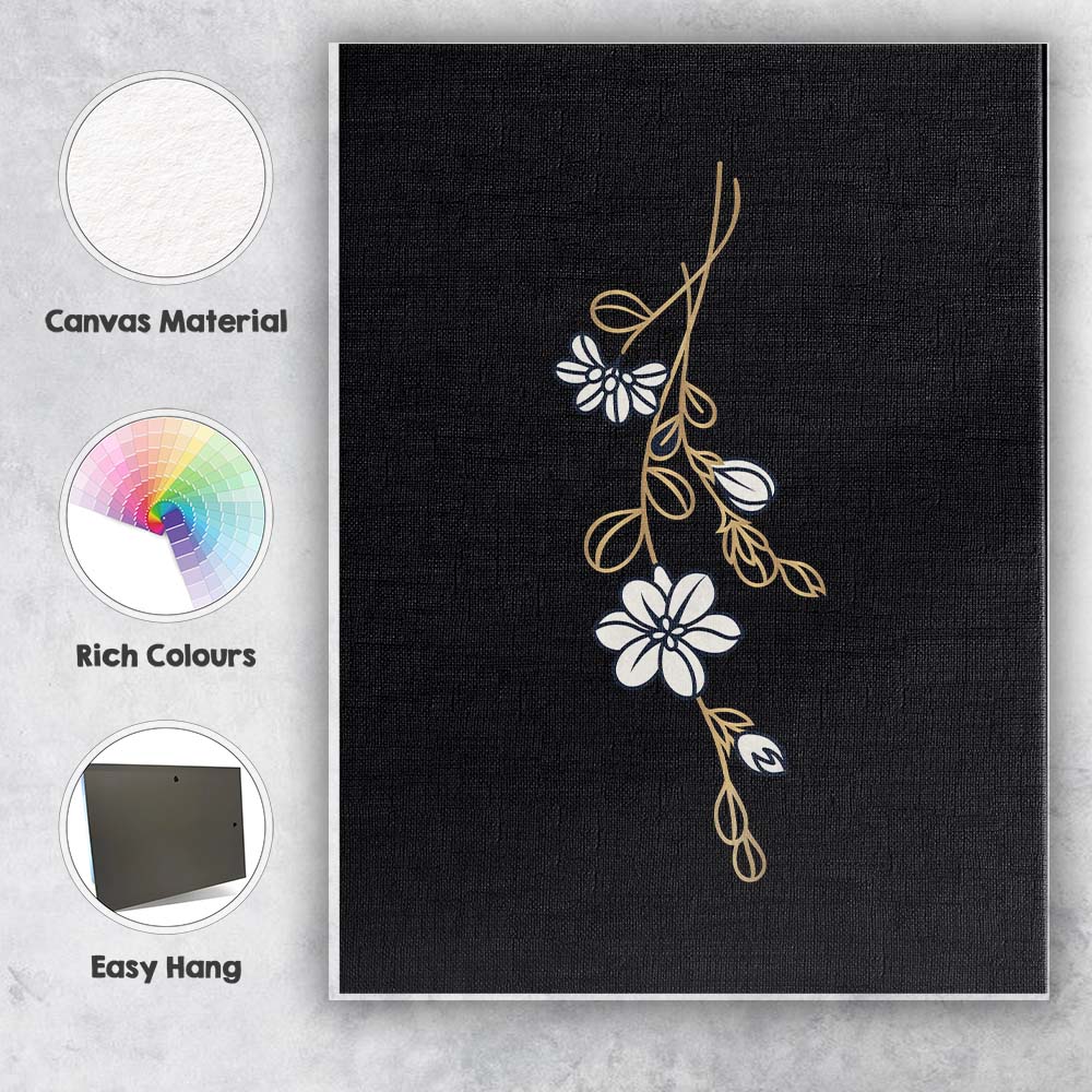 Elegant White Wildflower Gold Line Art Black Background Canvas Wall Art Print Decor Picture Ready to Hang