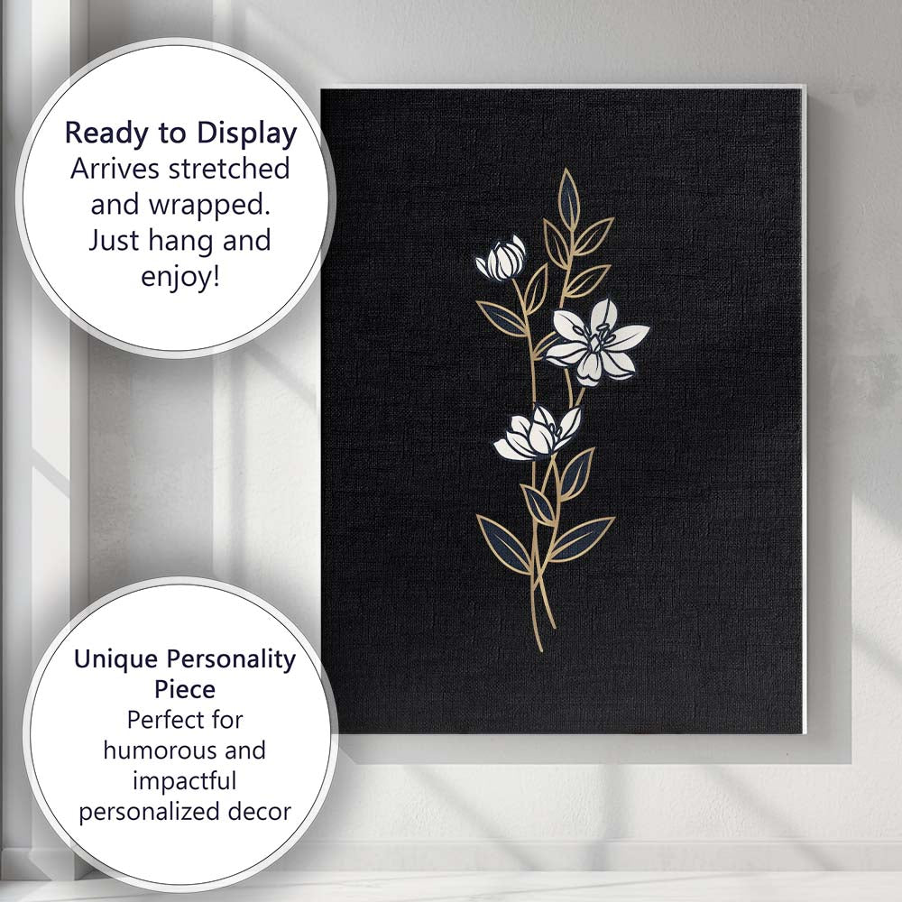 Elegant White Floral Stem Gold Line Art Black Background Canvas Wall Art Print Decor Picture Ready to Hang